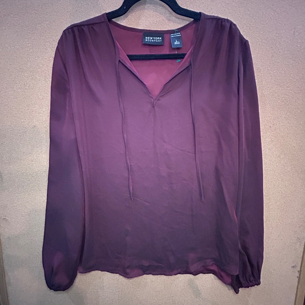 New York & Company Blouse Womens Large Purple Excellent Tie Neck Long Sleeve Top
